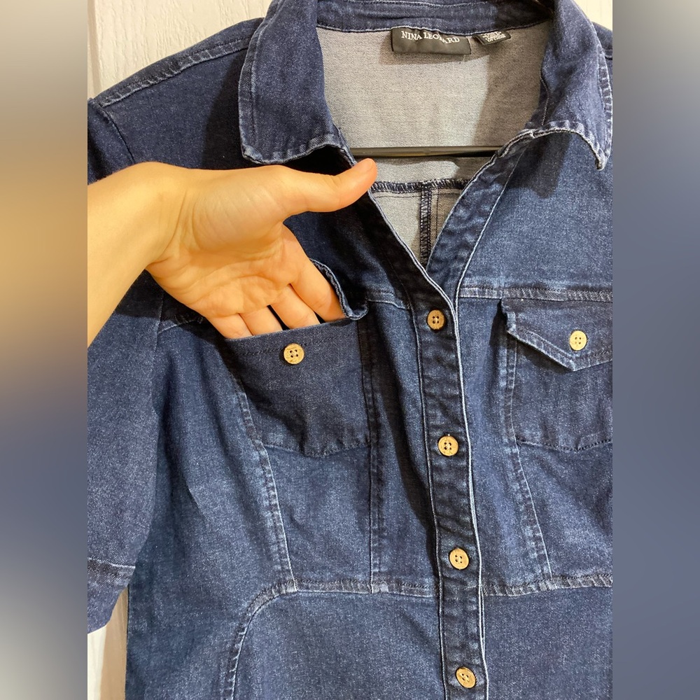 Nina Leonard Mini Buttoned Denim Jean Short Sleeve Blue Pockets Dress Size Large - Picture 5 of 9